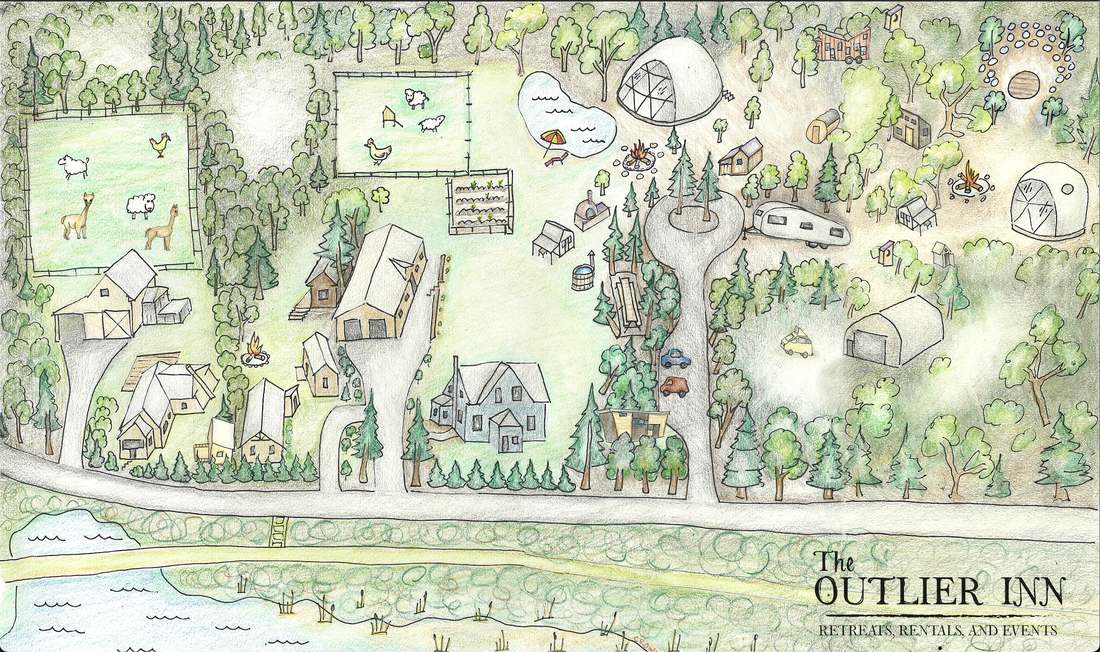 Hand-drawn illustrated map of the Outlier Inn property