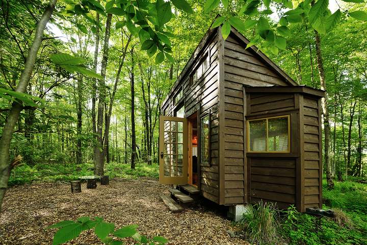 Tiny house exterior in the woods