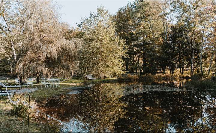 The pond at golden hour with seating